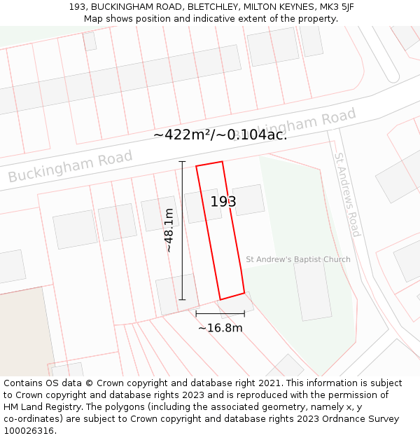 193, BUCKINGHAM ROAD, BLETCHLEY, MILTON KEYNES, MK3 5JF: Plot and title map
