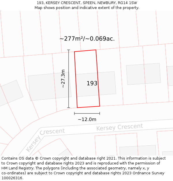 193, KERSEY CRESCENT, SPEEN, NEWBURY, RG14 1SW: Plot and title map
