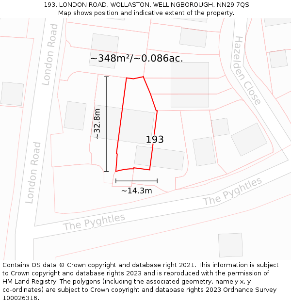 193, LONDON ROAD, WOLLASTON, WELLINGBOROUGH, NN29 7QS: Plot and title map