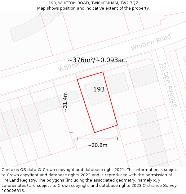 193, WHITTON ROAD, TWICKENHAM, TW2 7QZ: Plot and title map