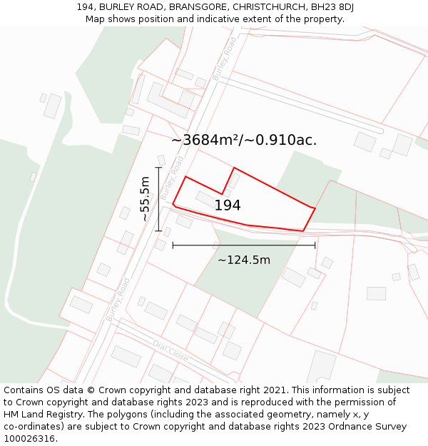 194, BURLEY ROAD, BRANSGORE, CHRISTCHURCH, BH23 8DJ: Plot and title map