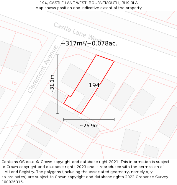 194, CASTLE LANE WEST, BOURNEMOUTH, BH9 3LA: Plot and title map