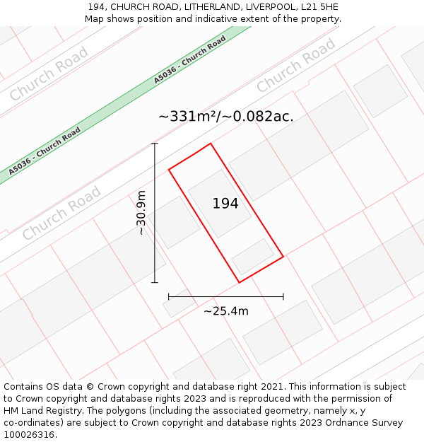 194, CHURCH ROAD, LITHERLAND, LIVERPOOL, L21 5HE: Plot and title map