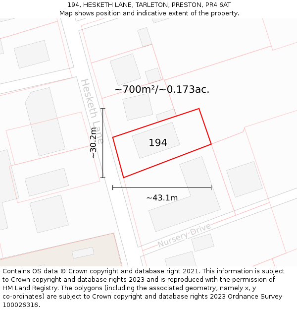 194, HESKETH LANE, TARLETON, PRESTON, PR4 6AT: Plot and title map