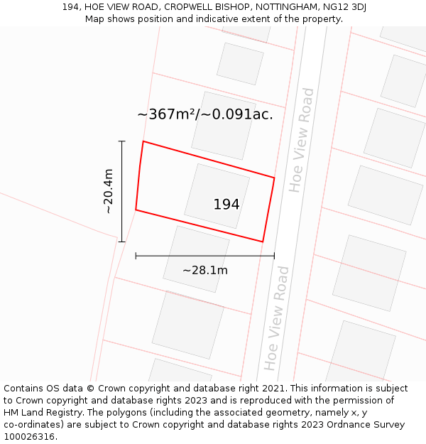 194, HOE VIEW ROAD, CROPWELL BISHOP, NOTTINGHAM, NG12 3DJ: Plot and title map