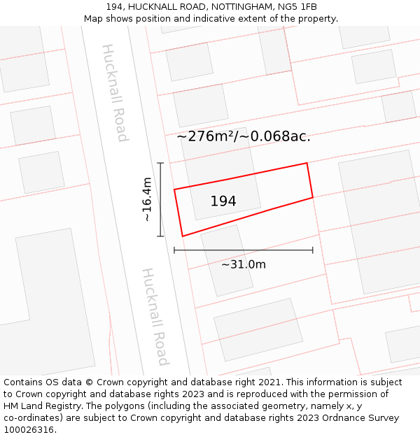 194, HUCKNALL ROAD, NOTTINGHAM, NG5 1FB: Plot and title map