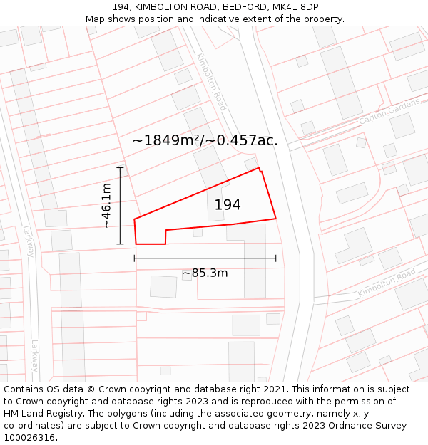 194, KIMBOLTON ROAD, BEDFORD, MK41 8DP: Plot and title map