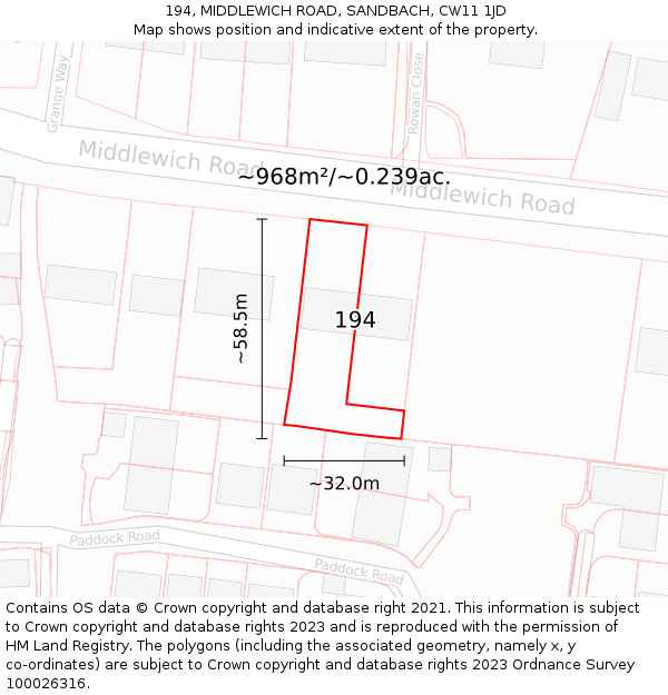 194, MIDDLEWICH ROAD, SANDBACH, CW11 1JD: Plot and title map