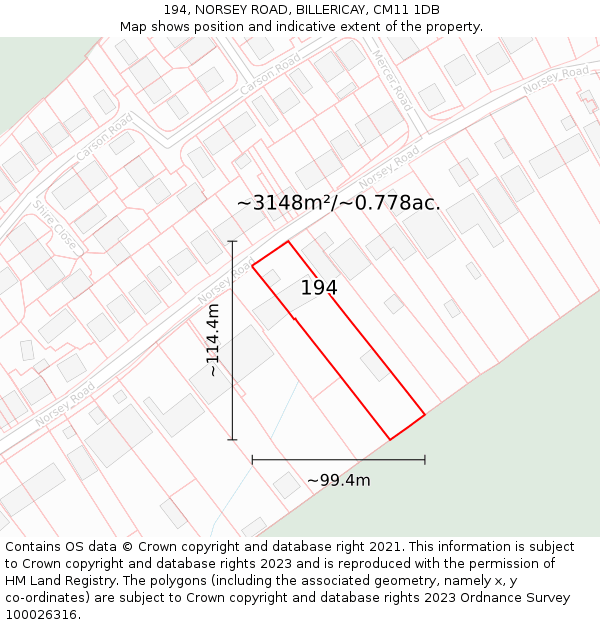 194, NORSEY ROAD, BILLERICAY, CM11 1DB: Plot and title map