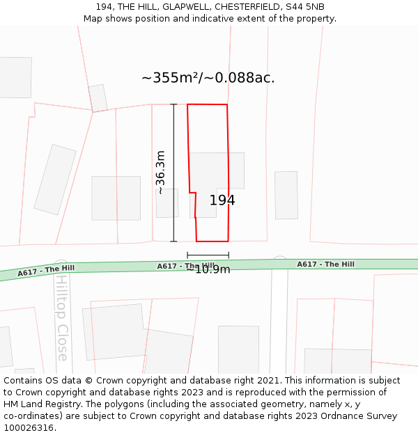 194, THE HILL, GLAPWELL, CHESTERFIELD, S44 5NB: Plot and title map