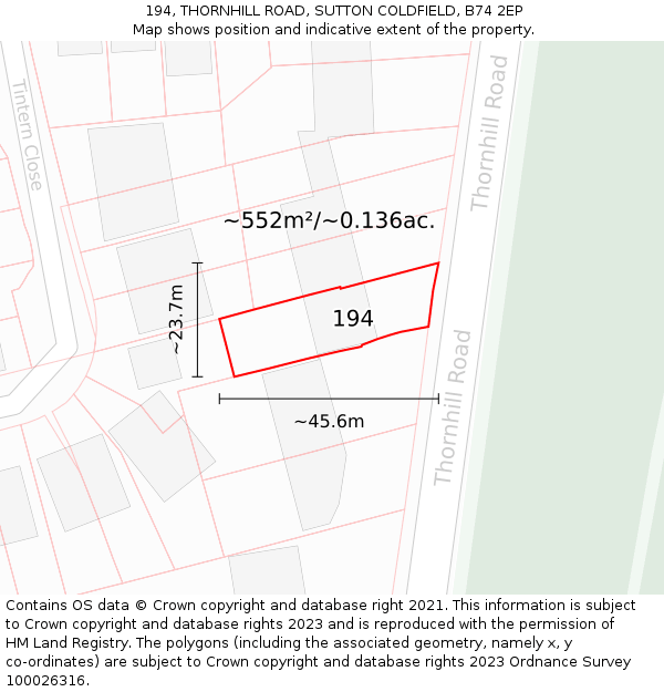 194, THORNHILL ROAD, SUTTON COLDFIELD, B74 2EP: Plot and title map
