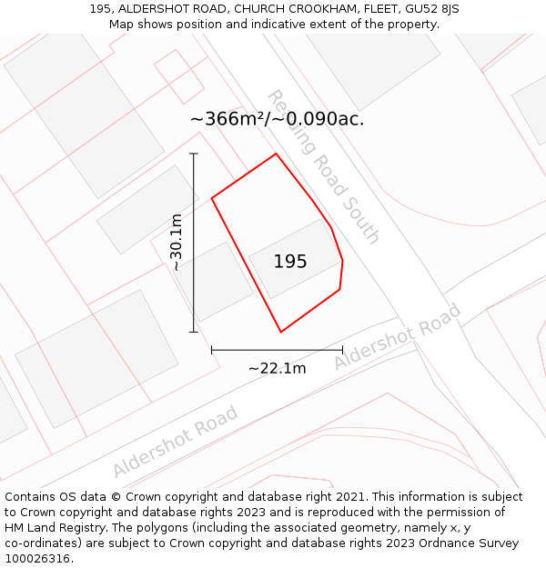 195, ALDERSHOT ROAD, CHURCH CROOKHAM, FLEET, GU52 8JS: Plot and title map