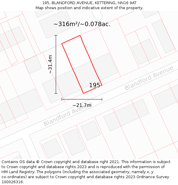 195, BLANDFORD AVENUE, KETTERING, NN16 9AT: Plot and title map