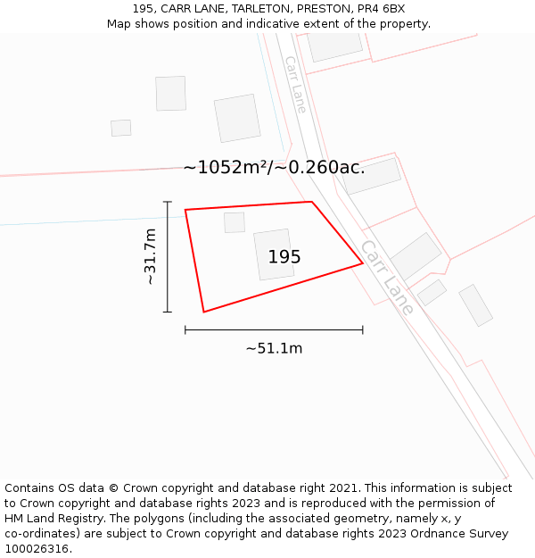 195, CARR LANE, TARLETON, PRESTON, PR4 6BX: Plot and title map
