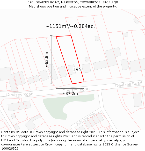 195, DEVIZES ROAD, HILPERTON, TROWBRIDGE, BA14 7QR: Plot and title map