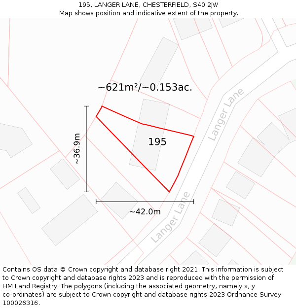 195, LANGER LANE, CHESTERFIELD, S40 2JW: Plot and title map