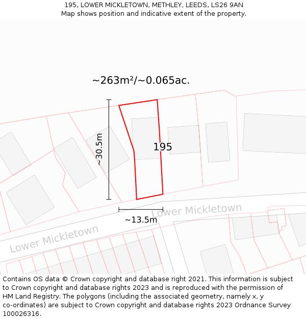 195, LOWER MICKLETOWN, METHLEY, LEEDS, LS26 9AN: Plot and title map