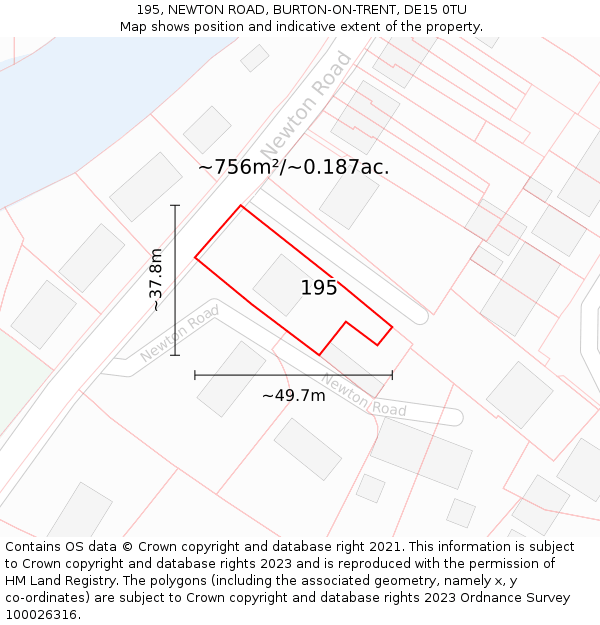 195, NEWTON ROAD, BURTON-ON-TRENT, DE15 0TU: Plot and title map