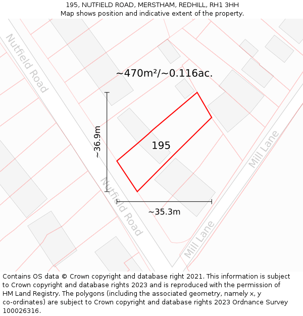 195, NUTFIELD ROAD, MERSTHAM, REDHILL, RH1 3HH: Plot and title map