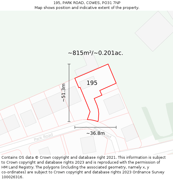 195, PARK ROAD, COWES, PO31 7NP: Plot and title map