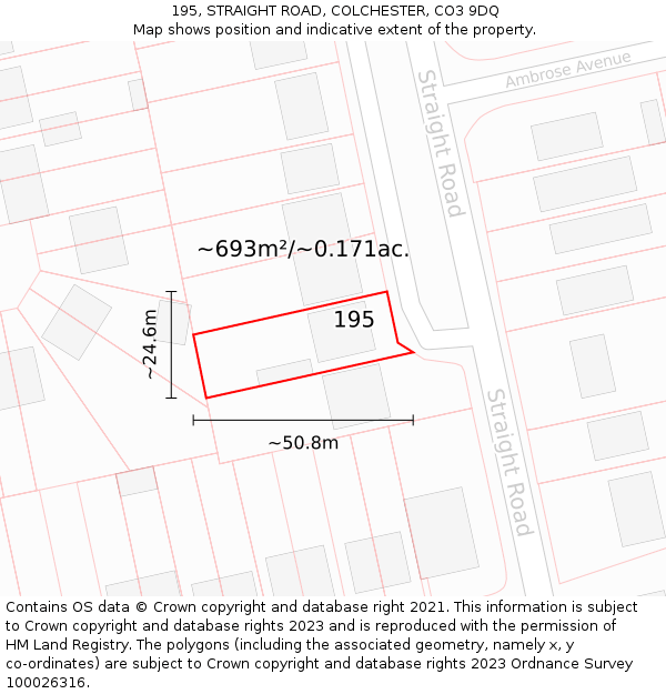 195, STRAIGHT ROAD, COLCHESTER, CO3 9DQ: Plot and title map