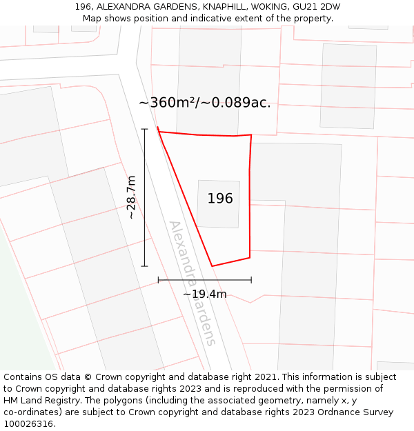 196, ALEXANDRA GARDENS, KNAPHILL, WOKING, GU21 2DW: Plot and title map