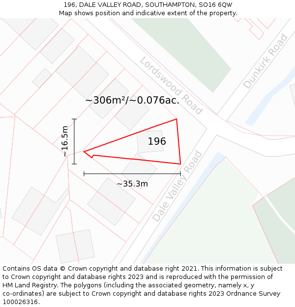 196, DALE VALLEY ROAD, SOUTHAMPTON, SO16 6QW: Plot and title map