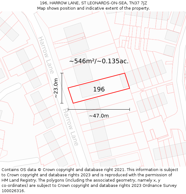 196, HARROW LANE, ST LEONARDS-ON-SEA, TN37 7JZ: Plot and title map