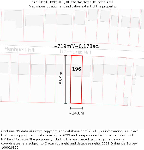 196, HENHURST HILL, BURTON-ON-TRENT, DE13 9SU: Plot and title map