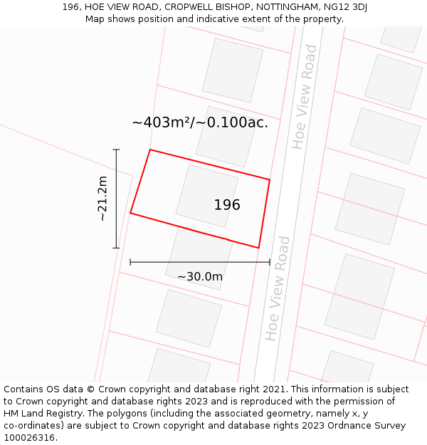 196, HOE VIEW ROAD, CROPWELL BISHOP, NOTTINGHAM, NG12 3DJ: Plot and title map