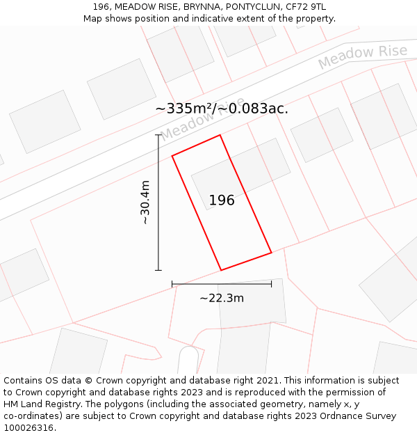 196, MEADOW RISE, BRYNNA, PONTYCLUN, CF72 9TL: Plot and title map