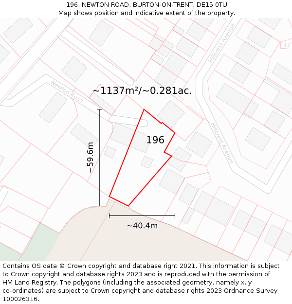196, NEWTON ROAD, BURTON-ON-TRENT, DE15 0TU: Plot and title map