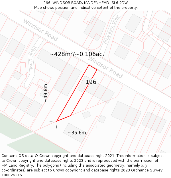 196, WINDSOR ROAD, MAIDENHEAD, SL6 2DW: Plot and title map