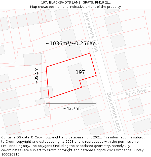 197, BLACKSHOTS LANE, GRAYS, RM16 2LL: Plot and title map