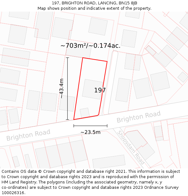 197, BRIGHTON ROAD, LANCING, BN15 8JB: Plot and title map