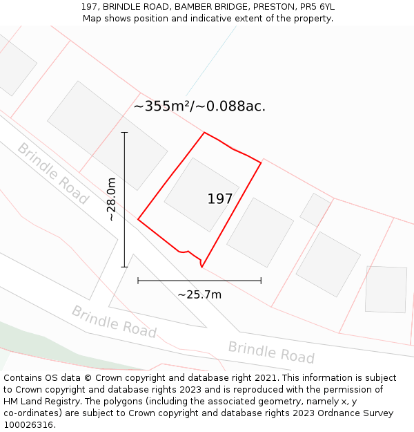 197, BRINDLE ROAD, BAMBER BRIDGE, PRESTON, PR5 6YL: Plot and title map