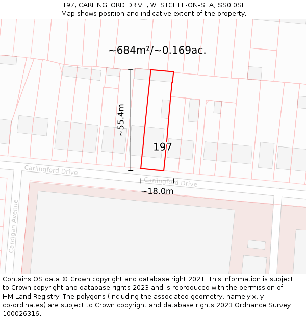 197, CARLINGFORD DRIVE, WESTCLIFF-ON-SEA, SS0 0SE: Plot and title map