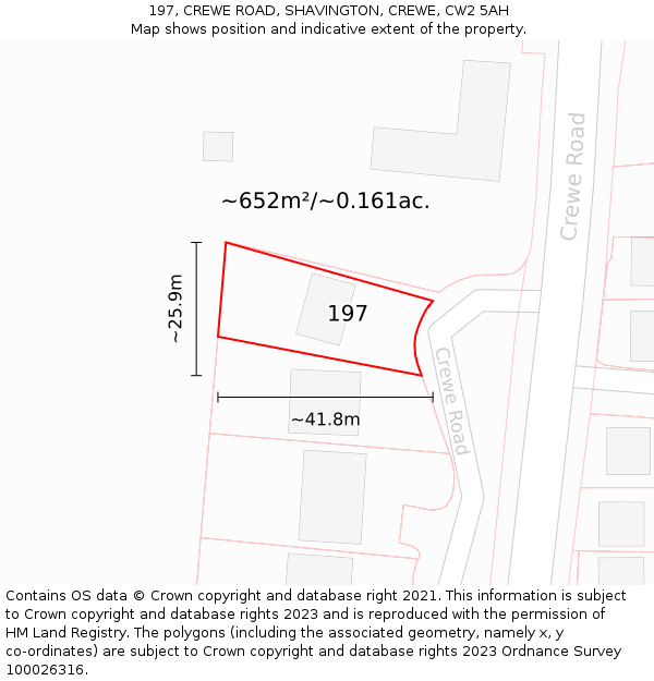 197, CREWE ROAD, SHAVINGTON, CREWE, CW2 5AH: Plot and title map
