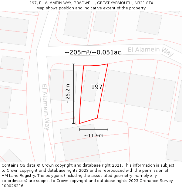 197, EL ALAMEIN WAY, BRADWELL, GREAT YARMOUTH, NR31 8TX: Plot and title map