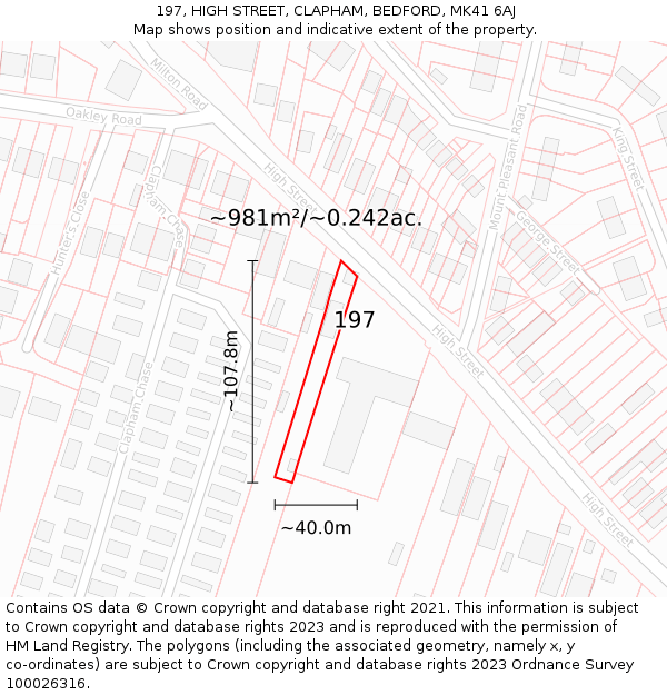 197, HIGH STREET, CLAPHAM, BEDFORD, MK41 6AJ: Plot and title map