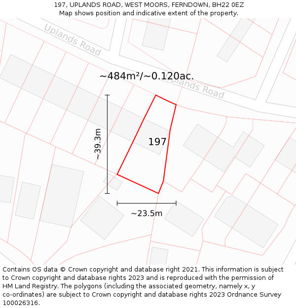 197, UPLANDS ROAD, WEST MOORS, FERNDOWN, BH22 0EZ: Plot and title map