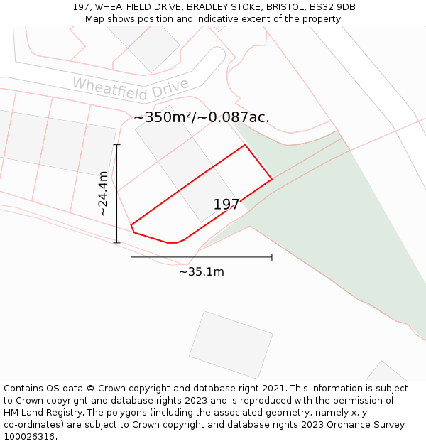 197, WHEATFIELD DRIVE, BRADLEY STOKE, BRISTOL, BS32 9DB: Plot and title map