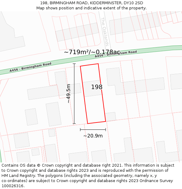 198, BIRMINGHAM ROAD, KIDDERMINSTER, DY10 2SD: Plot and title map