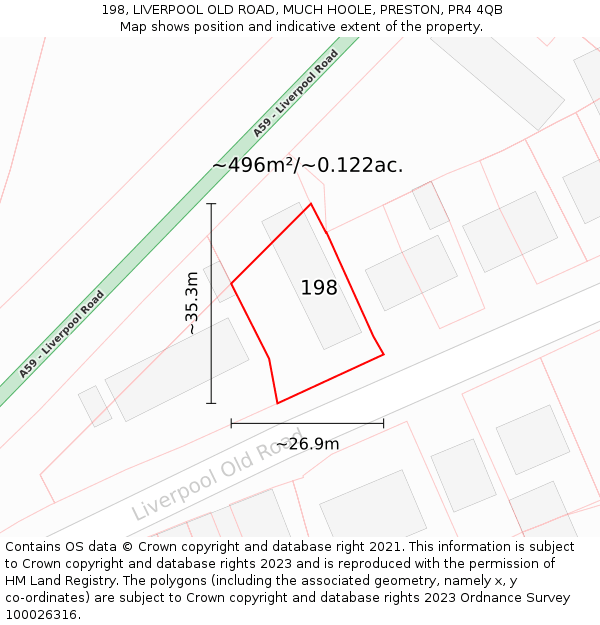 198, LIVERPOOL OLD ROAD, MUCH HOOLE, PRESTON, PR4 4QB: Plot and title map