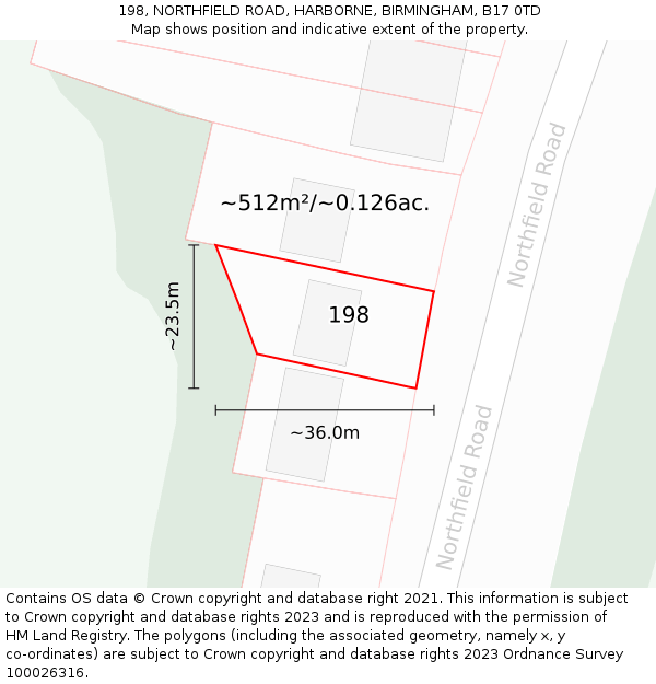 198, NORTHFIELD ROAD, HARBORNE, BIRMINGHAM, B17 0TD: Plot and title map