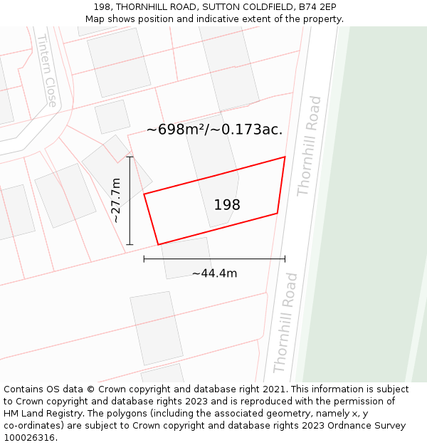 198, THORNHILL ROAD, SUTTON COLDFIELD, B74 2EP: Plot and title map
