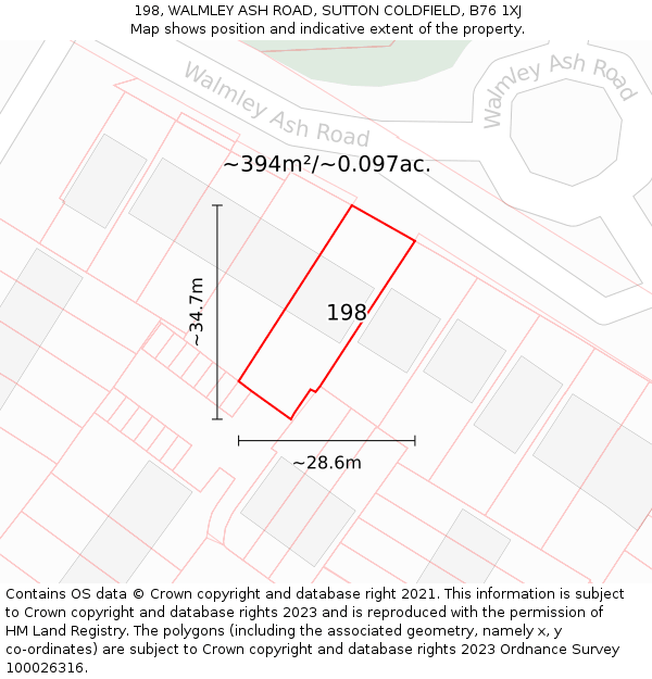 198, WALMLEY ASH ROAD, SUTTON COLDFIELD, B76 1XJ: Plot and title map