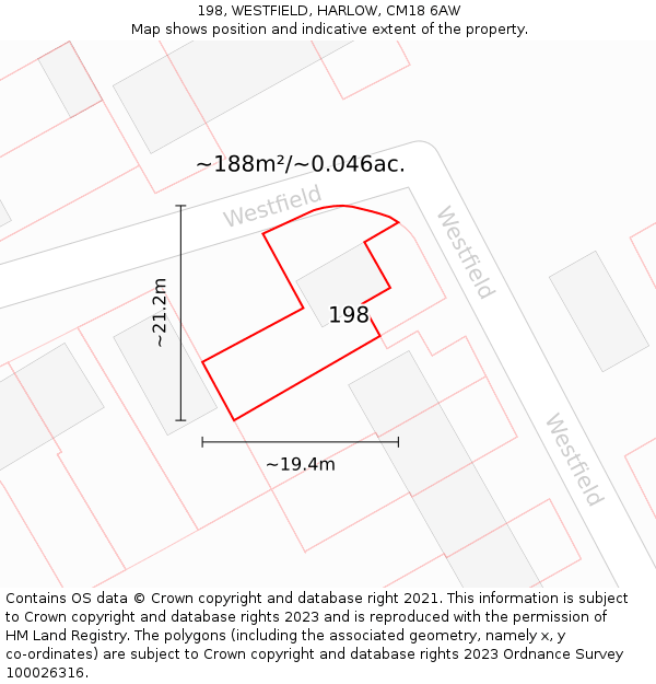 198, WESTFIELD, HARLOW, CM18 6AW: Plot and title map