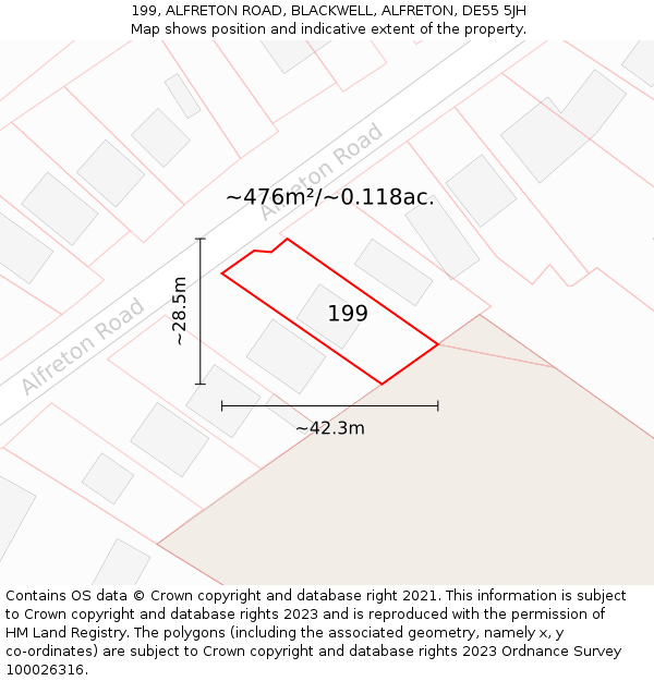 199, ALFRETON ROAD, BLACKWELL, ALFRETON, DE55 5JH: Plot and title map