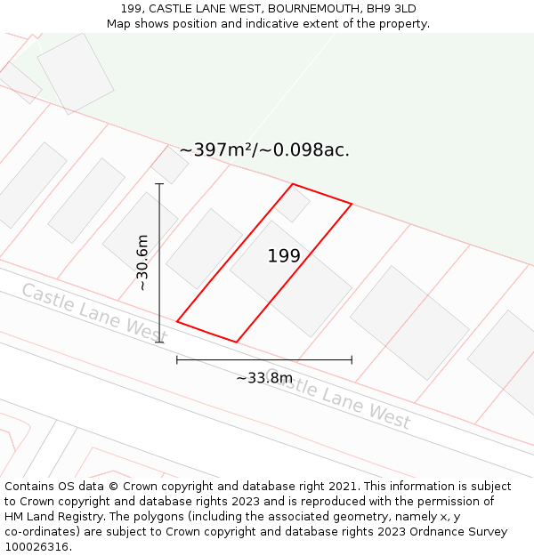 199, CASTLE LANE WEST, BOURNEMOUTH, BH9 3LD: Plot and title map